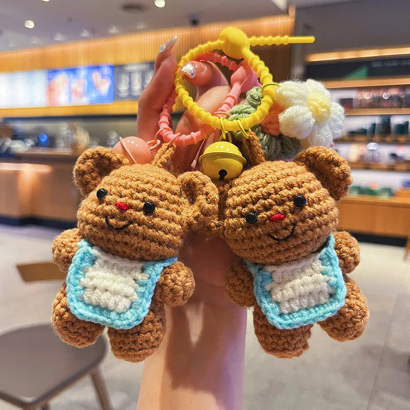 Bear Backpack Keychains Cartoon Knitted Doll Toys Handmade Crochet Keychain Portable Crochet Bear Bag Charm Key Chain Pendant
