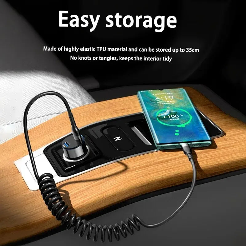 Car USB Type C/Type C to Type C/USB LIGHTNING Fast Charging Spring Telescopic Cable For iPhone 16 15 14 Samsung Xiaomi OnePlus