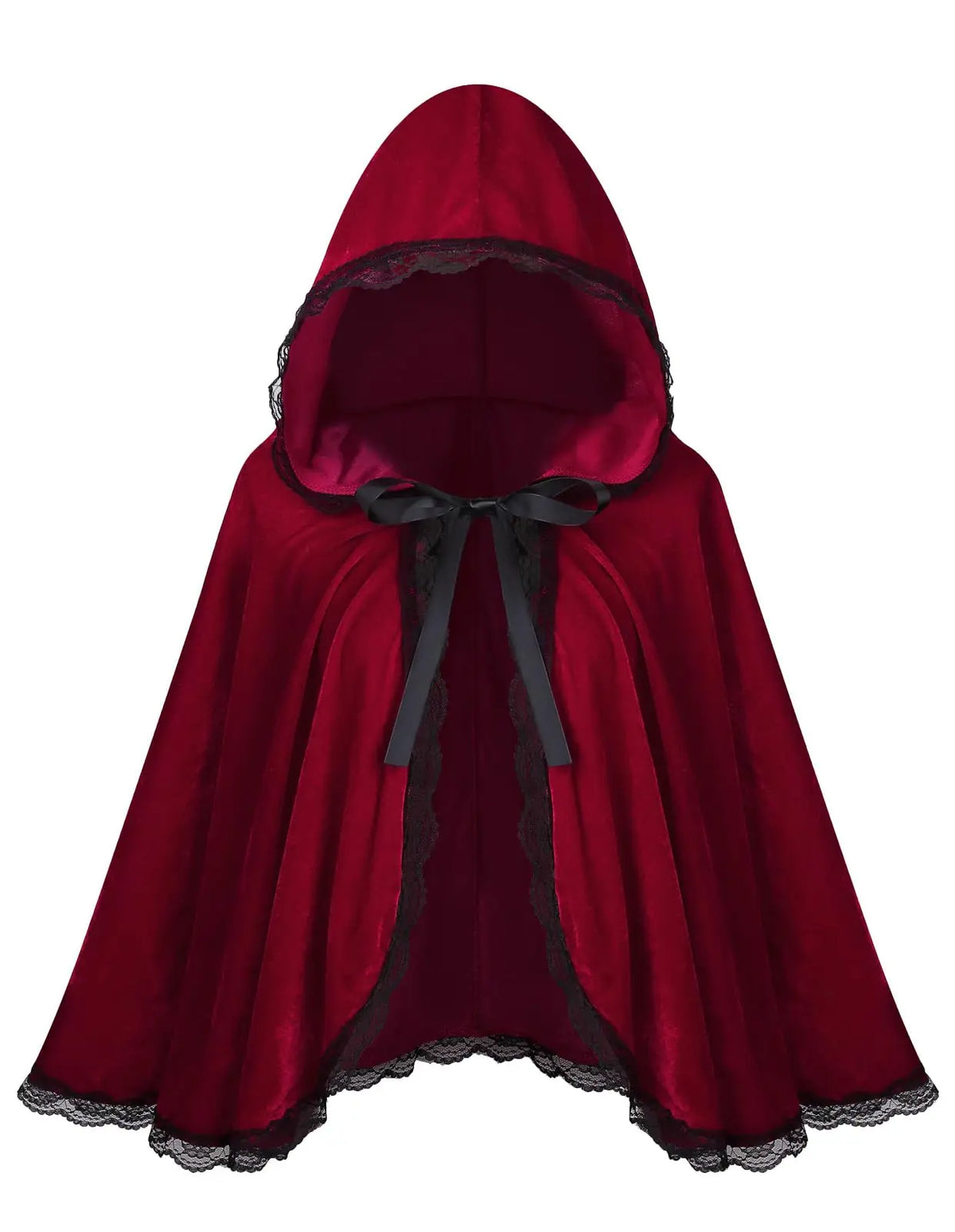 Red Velvet Black Lace Hooded Velvet Cape Ladies Cape Halloween Christmas Cosplay Party Fancy Cape
