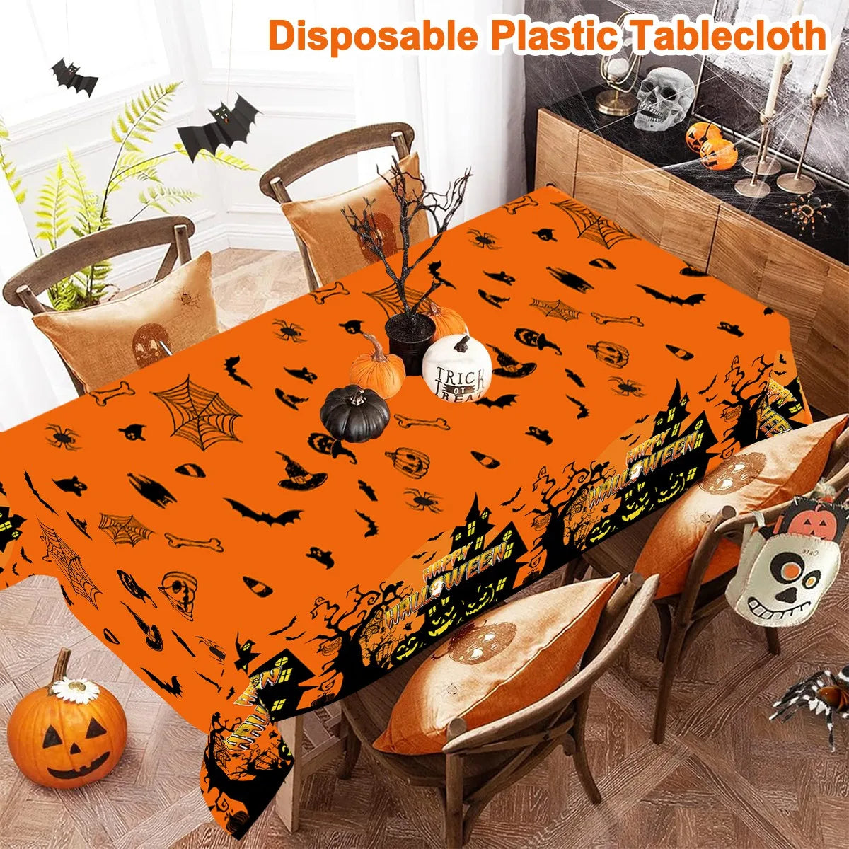 1pc Orange Black Horror Ghost Table Cover Happy Halloween Tablecloth for Trick or Treat Theme Home Decoration