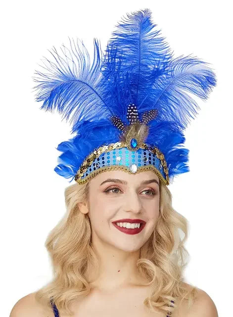 Women Carnival Crystal Crown Feather Headpieces 1920s Flapper Headband Show Girl Feather Headdress Mardi Gras Accessories