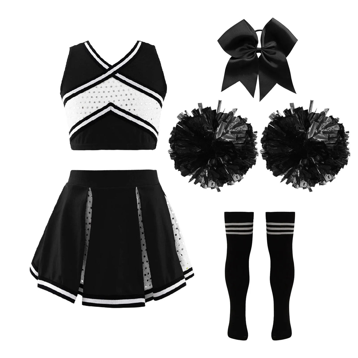 Girl Cosplay Cheerleader Costume Cheerleading Uniform Outfit Sequins Crop Top Skirt with Socks School Girls Dancewear Sets