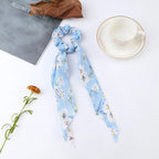Fashion Flower Print Bow Satin Long Ribbon Ponytail Scarf Tie Scrunchies Women Girls Elastic Bands Hair Accessories