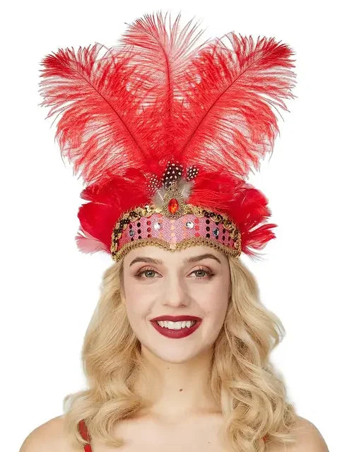 Women Carnival Crystal Crown Feather Headpieces 1920s Flapper Headband Show Girl Feather Headdress Mardi Gras Accessories