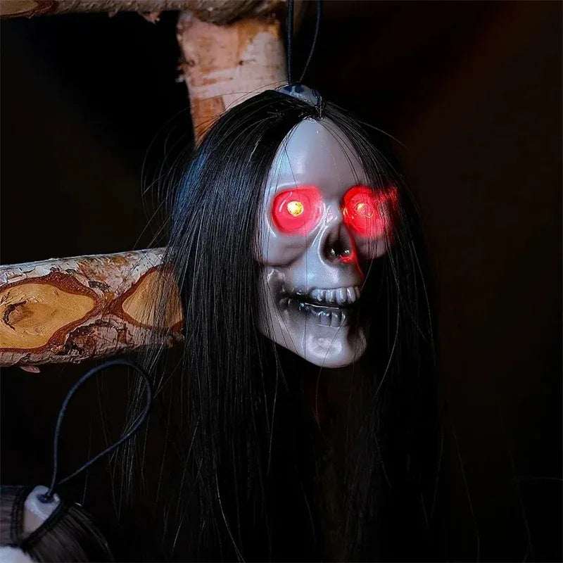 Glowing Eyes Halloween Hanging Ghost Skeleton Prop Long Hair Decoration for Indoor Outdoor Haunted House Party Spooky Display