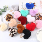 Heart Plush Pompom Keychain Set | Leopard Print Love Hair Ball | High-Quality Fluffy Faux Fur for Car Keys Bags Gifts
