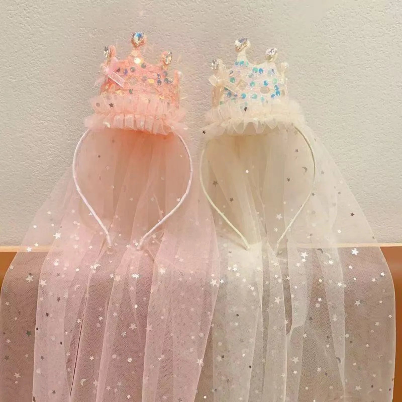 1PC Princess Crown Veil Headbands,Sparkly Tulle Hair Accessories,Pink White Sequin Party Headwear,Cute Girl's Dress Up Headbands