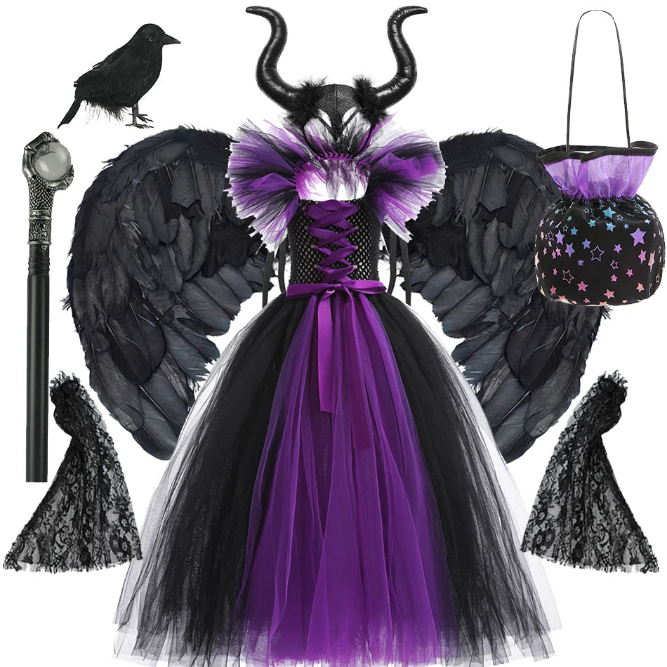 Maleficent Neck Dress Girls Halloween Theme Cosplay Costume Handmade Woven Tulle Dress Evil Role Playing Outfits Luxury Gown