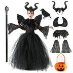 Halloween Costume Fashion Tutu Dress For Girls Cosplay Evil Queen Black Mesh Princess Dress Kids Crow Wand Demon Witch Gown