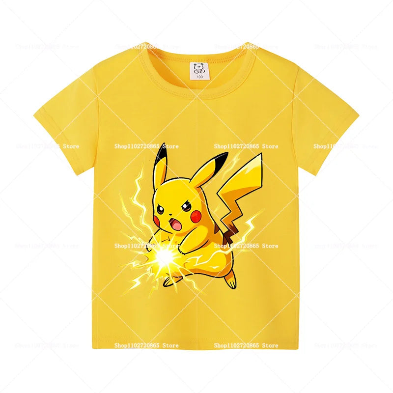 Pokemons Cotton T-Shirt Pikachu Eevee Cartoon Anime Tees Classic Game Fashion Printed Tops Summer Breathable Casual Clothes Gift