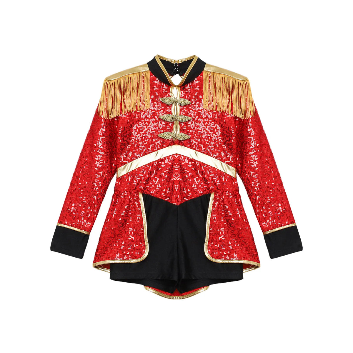 Girls Shiny Sequins Circus Ringmaster Magician Drummer Costume Lion Tamer Long Sleeve Fringe Epaulet Bodysuit for Halloween