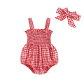 Newborn Baby Girl Romper Summer Sleeveless Smocked Cotton Linen Clothes Outfit with Headband