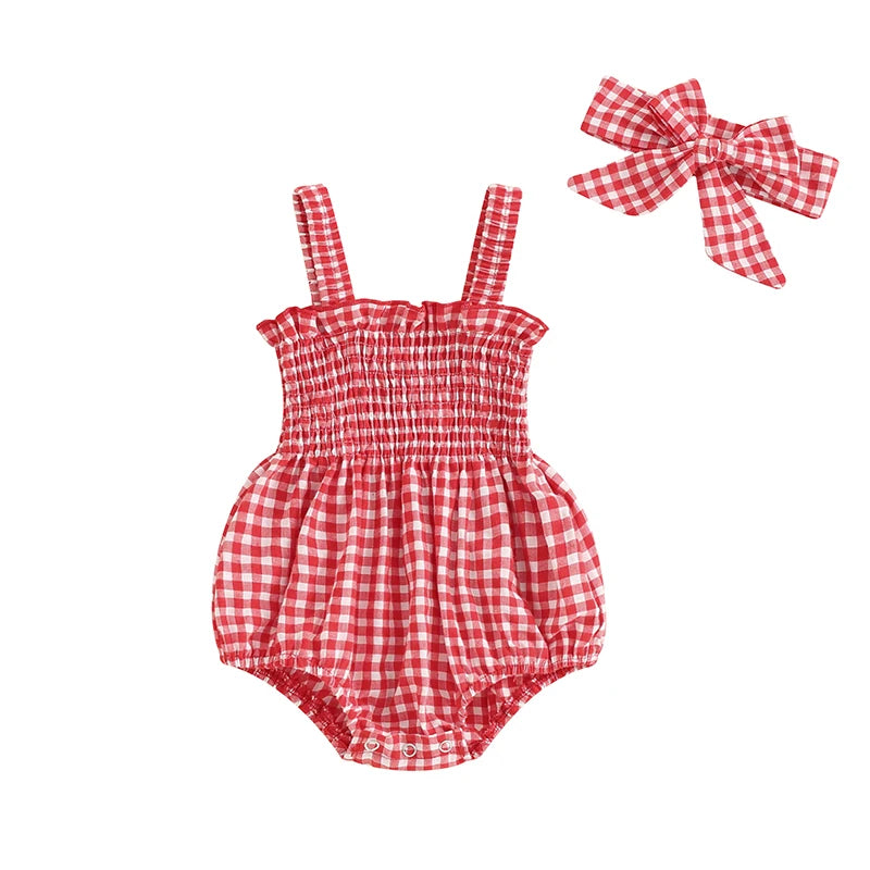 Newborn Baby Girl Romper Summer Sleeveless Smocked Cotton Linen Clothes Outfit with Headband