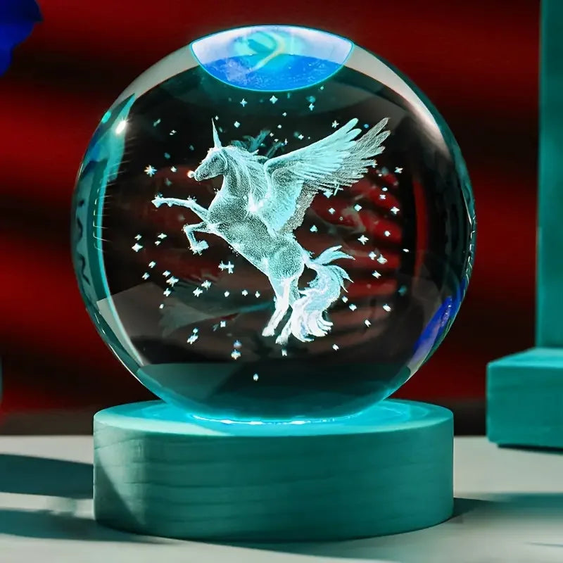 1 Unicorn 3D laser carved crystal ball with wooden colored LED lamp holder, home decoration, girlfriend, colleague, wife birthda