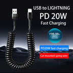 Car USB Type C/Type C to Type C/USB LIGHTNING Fast Charging Spring Telescopic Cable For iPhone 16 15 14 Samsung Xiaomi OnePlus