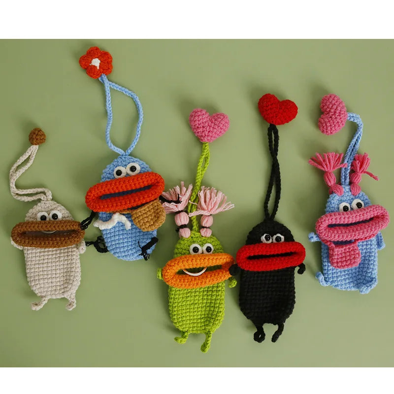 Funny Crochet Keychains Knitting Cute Sausage Mouth Doll Key Holder Knitted Storage Bag Keyrings For Car Keys Wholesale Custom