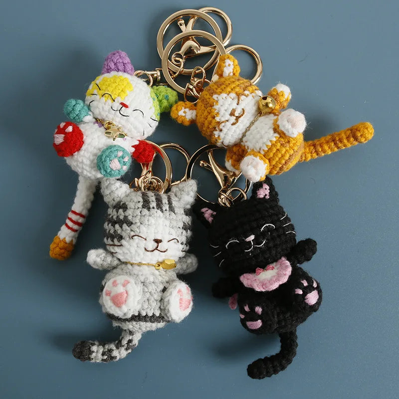 Handmaking Crochet Kitten Keyrings Cute Smiling Cat Doll Crochet Keychain Cartoon Kitten Series Knitting Doll Keychain Custom