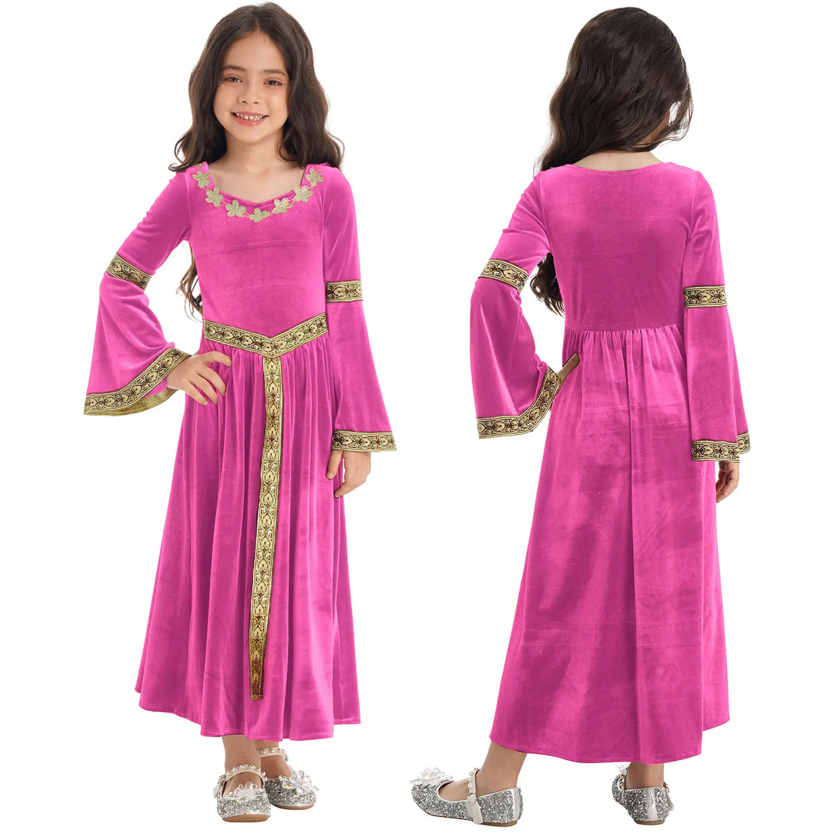 Girls Medieval Renaissance Princess Costume Velvet Long Flare Sleeve Vintage Dress Gown Carnival Party Cosplay Dress Up