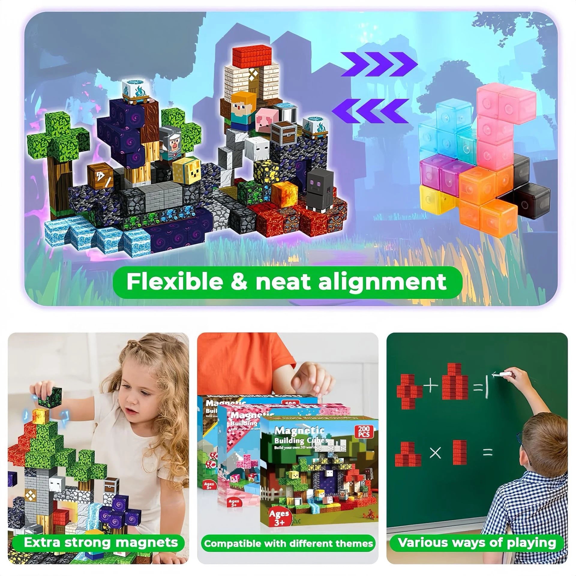 100-300pcs Magnetic Tiles Building Blocks Set,My World Figures Bricks, STEM Educational Toys for Kids Ages 3-10,Boys Girls Gifts