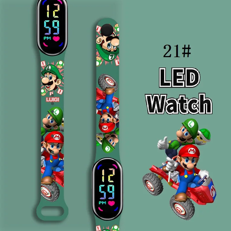 Mario Bros Digital Watch for Kids Waterproof Sport Wristband Luigi Princess Peach Yoshi Bowser Action Figures Children