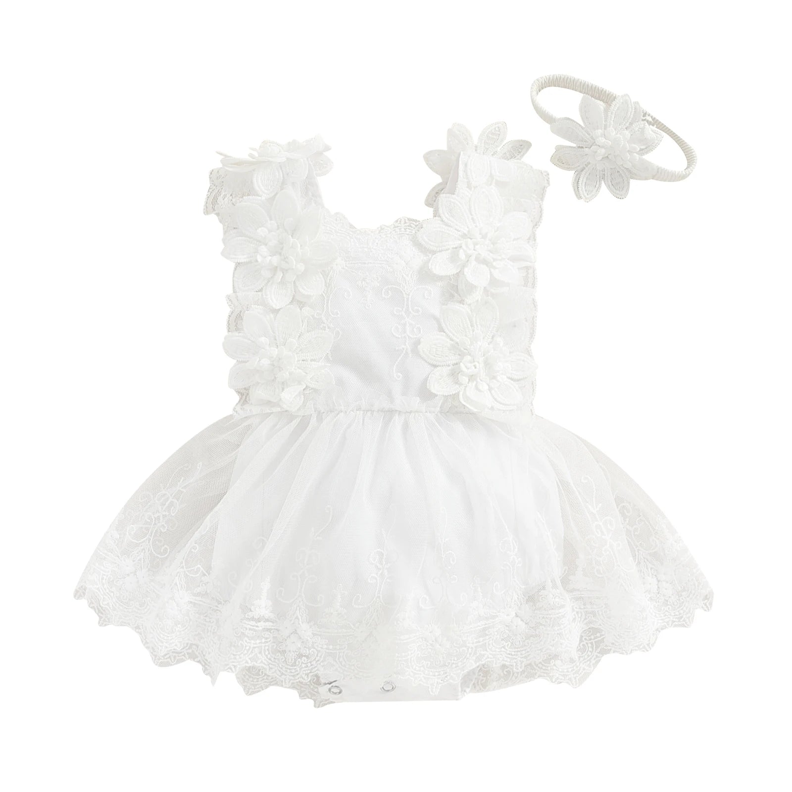 0-18M Infant Baby Girls Princess Romper Dress Summer Sleeveless Square Neck Floral Lace Bodysuits with Headband Sets Outfits