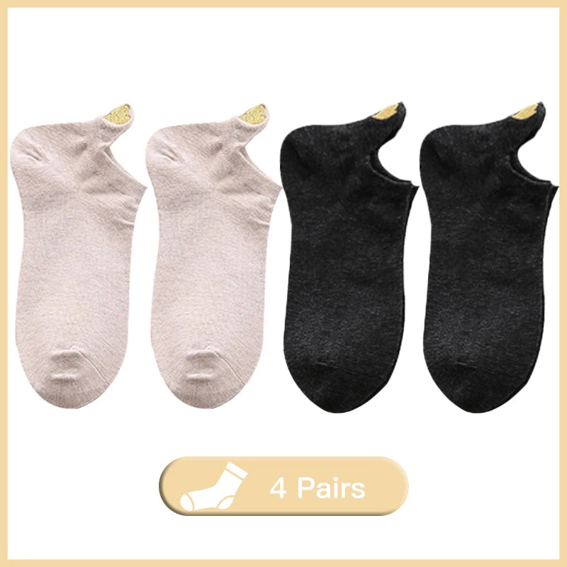 4 Pairs Lot Fashion Socks Women 2026 New Spring Cotton Color Novelty Girls Cute Heart Embroidery Casual Funny Ankle Socks Pack