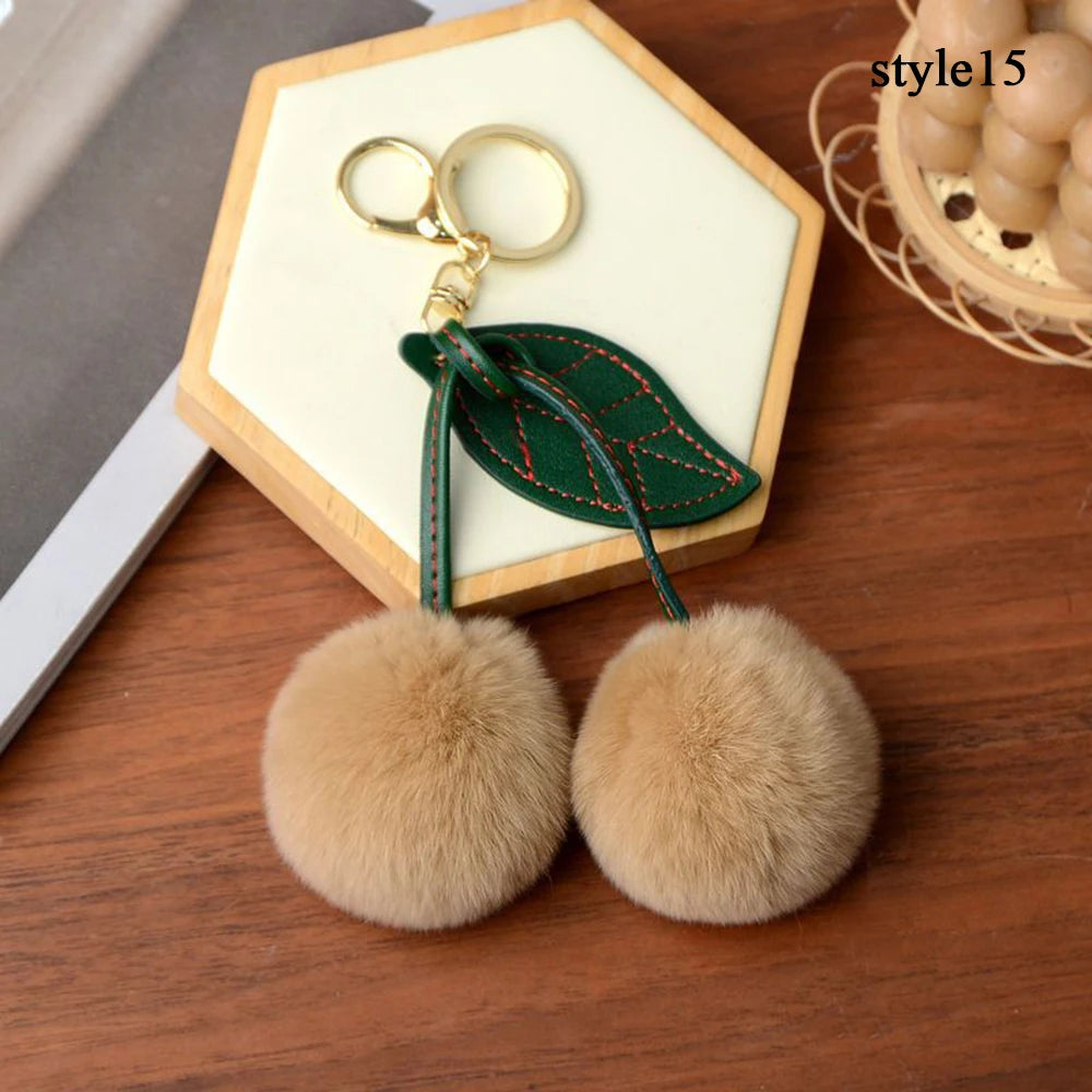 Keychain Key Fob Bag Pendant Fluffy Cherry Keyring Bag Hanging Leaf Artificial Rabbit Fur Ball Key Holder Plush Bag Accessories