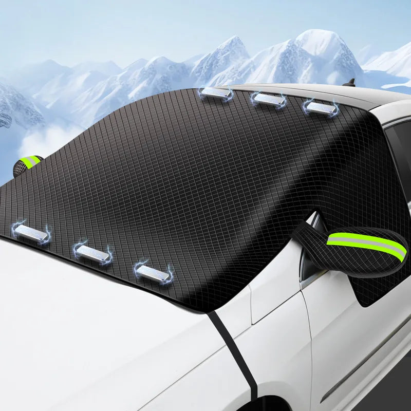 Aluminum-plated film of magnetic snow cover for automobile is thickened, and Oxford cloth is sun-proof and moisture-proof.