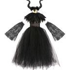 Halloween Costume Fashion Tutu Dress For Girls Cosplay Evil Queen Black Mesh Princess Dress Kids Crow Wand Demon Witch Gown