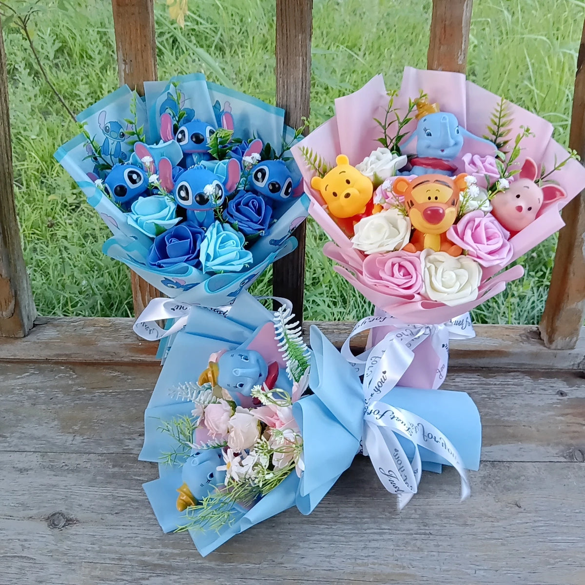Anime Winnie the Pooh Pig Elephant Handmade Flower Bouquet Plush Doll Wedding Graduation Valentine Christmas Birthday Gifts