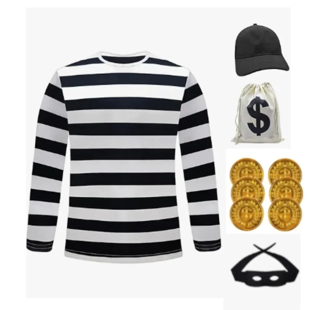 Movie Convict Thief Cosplay Costume Bank Robber Disguise Accessories Sets for Kids Halloween Carnival Party Clothes Role Play