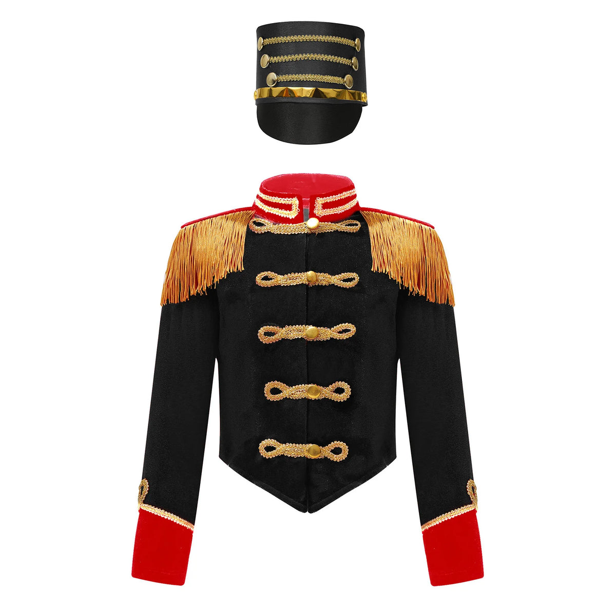 Girls Boys Halloween Nutcrackers Costume Set Drum Trumpet Team Tassel Jacket Coat Hat for Drummer Performance Circus Ringmaster