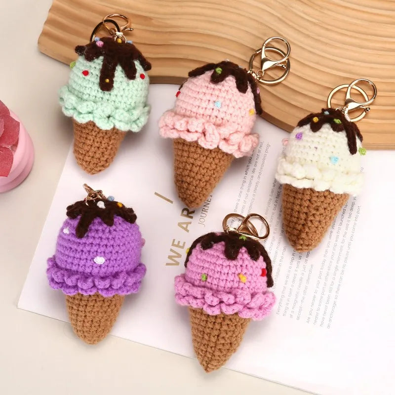 Handmaking Crochet Ice Cream Keyrings Wholesale Sweet Ice Cream Cone Series Crochet Keychain For Bag Pendant  Custom Accessories