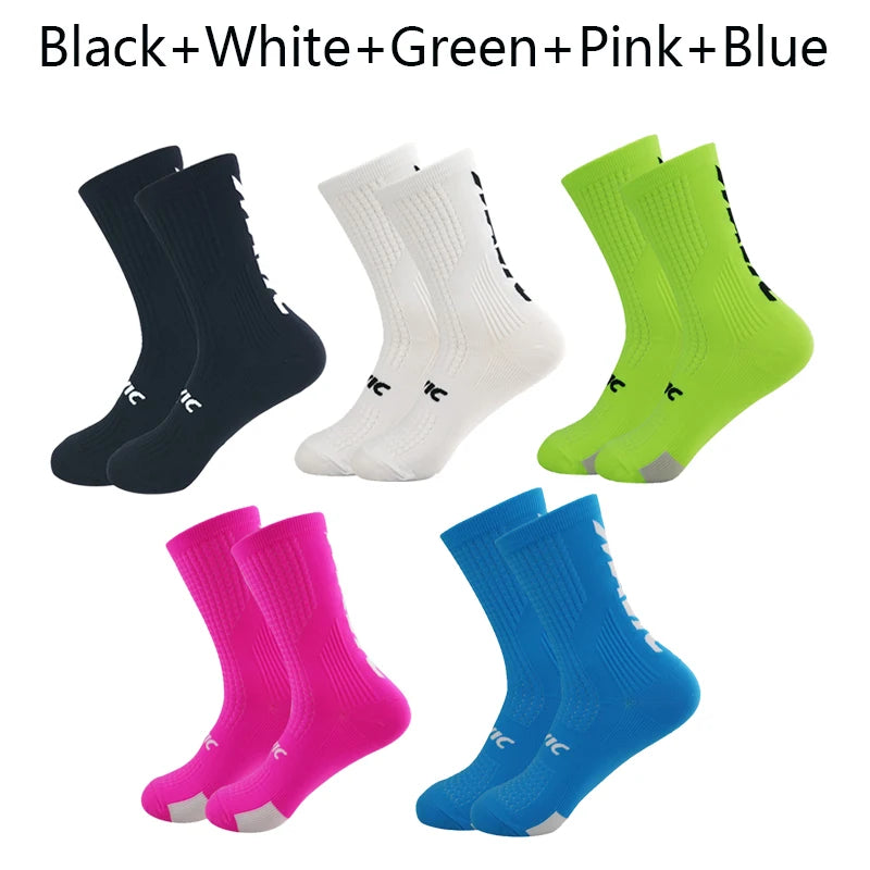 5 Pairs Cycling Socks Men Letter Breathable Bicycle Sport Running Socks Mid Tube Compression Outdoor Racing MTB Road Bike Socks