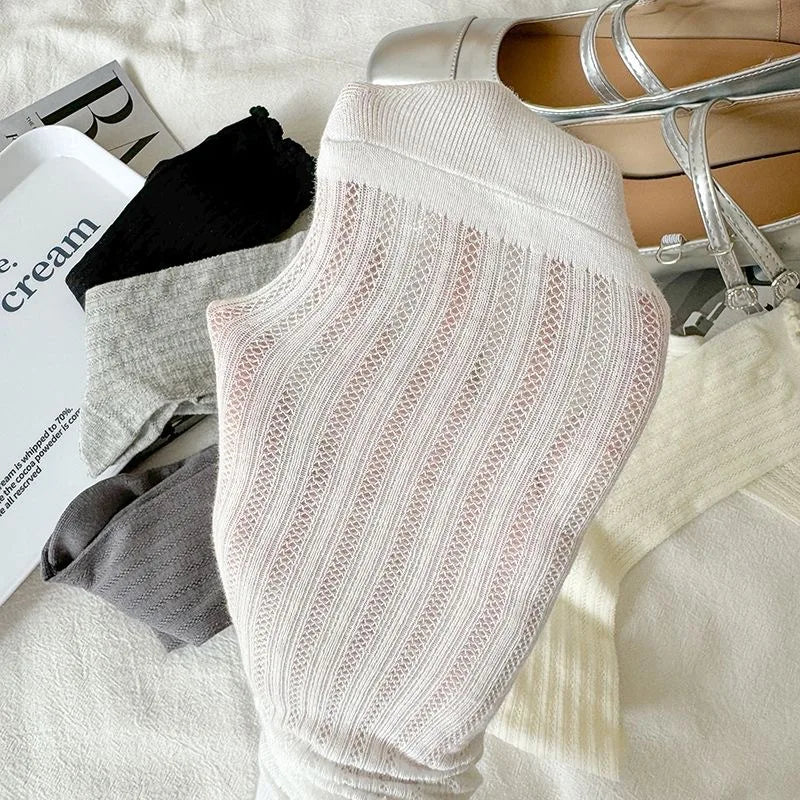 5 Pairs/Lot Women Hollow Mesh Tube Socks Ear Fungus Edge Socks Ins Trendy Spring Summer Loose Mouth Thin Style Girls Pile Socks
