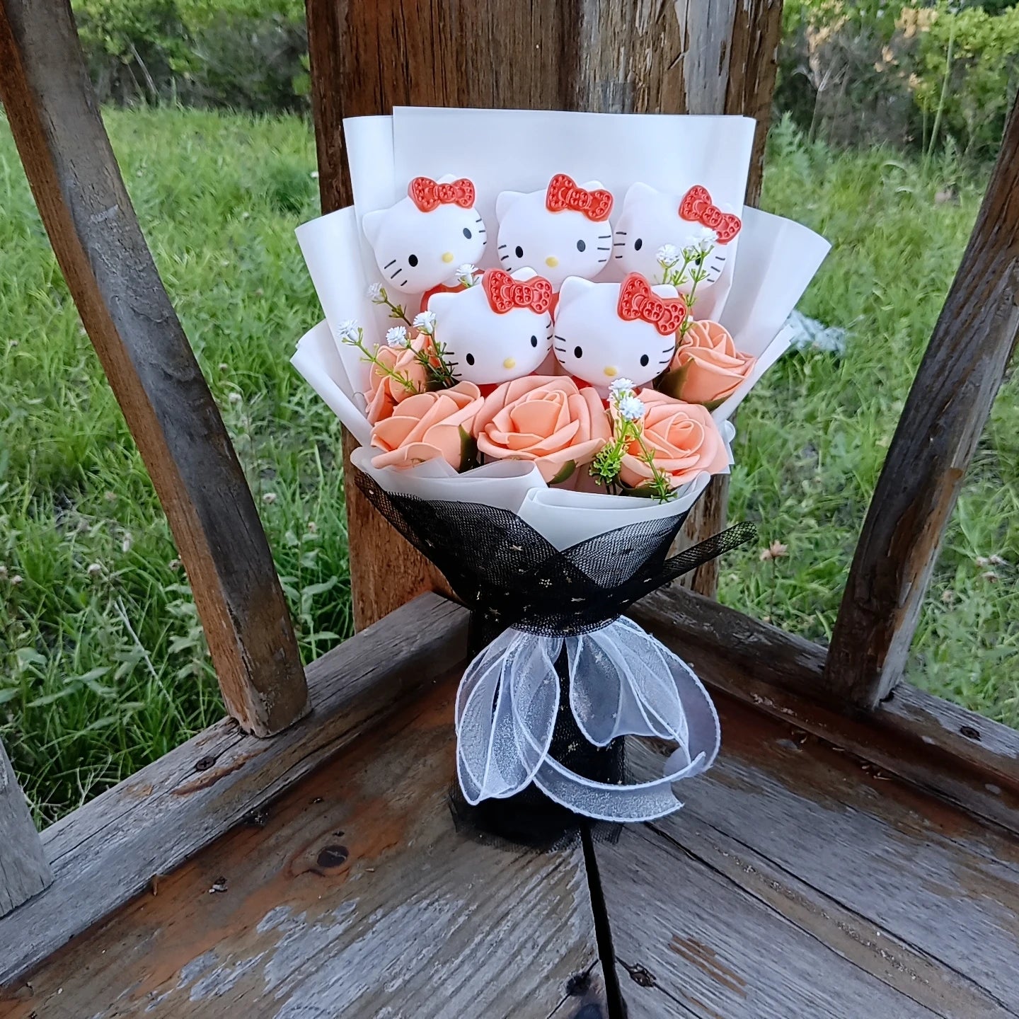 Hello Kitty Plush Bouquet with Rose Kawaii Anime Fluffy Stuffed Plush Doll Christmas Valentine's Day Holiday Birthday Gift