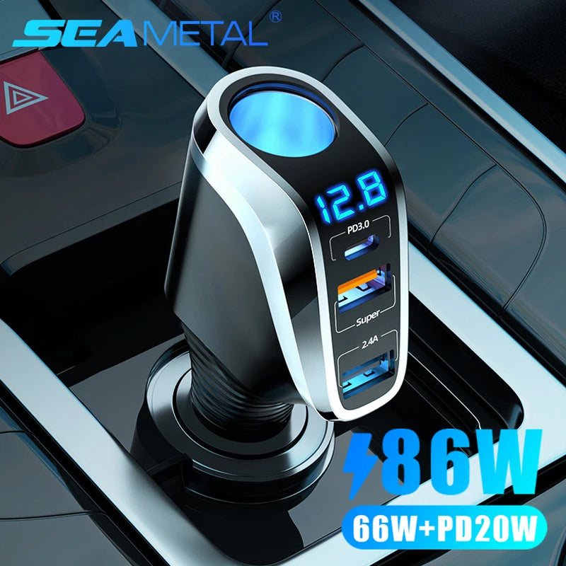 SEAMETAL 66W Car Charger PD20W QC3.0 Port USB Type Fast Charging Phone Charger 12V/24V Universal Cigarette Lighter Power Adapter