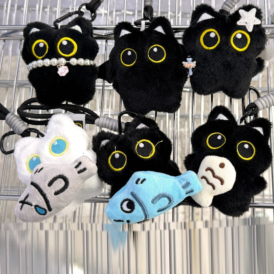 6/1pcs Cute Plush Black Cat Doll Toy Keychain Bag Pendant Charms Kawaii Keyring Accessories For Women Couples Gift