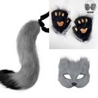 Faux Fur Fox Tail Cat Wolf Cosplay Costume Set with Plush Mask Fluffy Paw Gloves for Halloween And Christmas Party Accessories