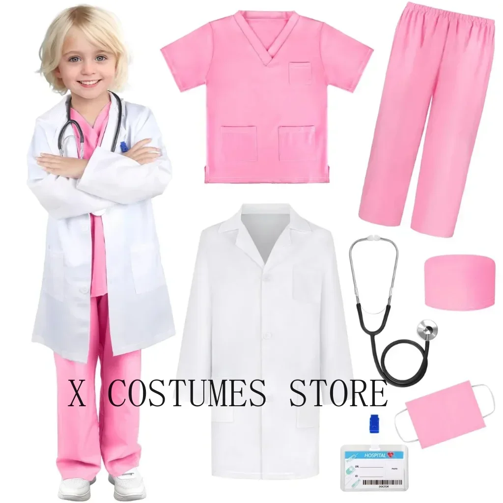 Kids Doctor Nurse Cosplay Costume, V Neck Surgical Uniform for Boys Girls, Halloween Party Role Play Dress Up Outfit
