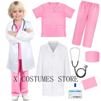 Kids Doctor Nurse Cosplay Costume, V Neck Surgical Uniform for Boys Girls, Halloween Party Role Play Dress Up Outfit
