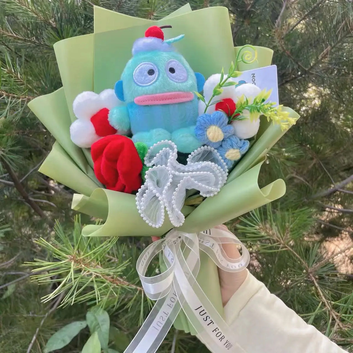 Genuine My Melody Kuromi Cinnamoroll Hellokitty Plush Dolls With Crochet Flowers Creative Handmade Sanrio Bouquet Gifts For Girl