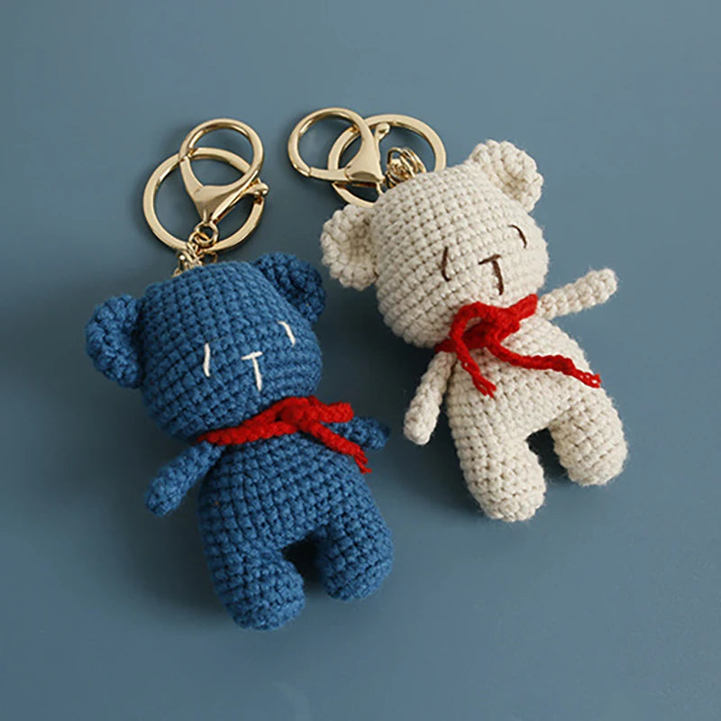 Cute Small Bear Doll Keychain For Couple Gifts Handmaking Crochet Cartoon Bear Keychain Knitting Animal Doll Custom Accessories