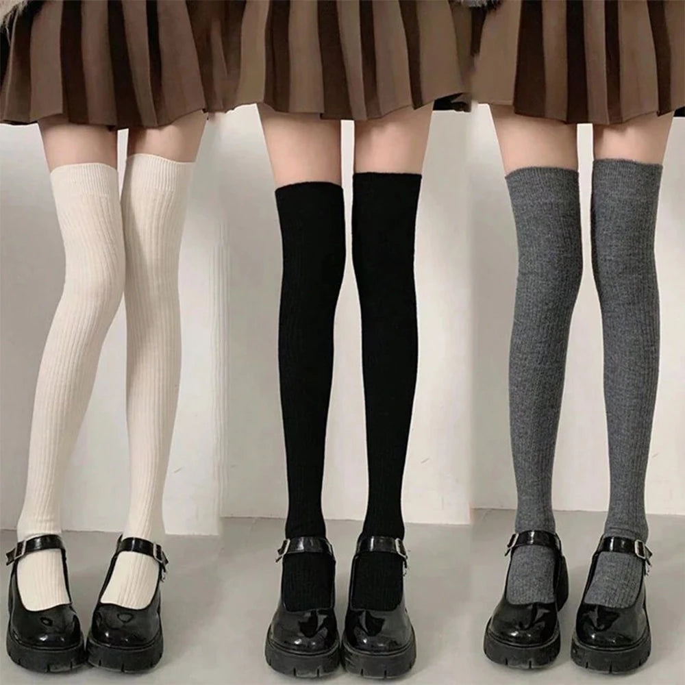 1/3/6 Pairs Women Classic Striped Knee High Stockings Fashionable Versatile Black White Gray Solid Color Comfortable Stockings ﻿