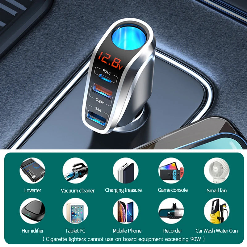 SEAMETAL 66W Car Charger PD20W QC3.0 Port USB Type Fast Charging Phone Charger 12V/24V Universal Cigarette Lighter Power Adapter