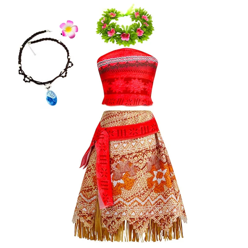 Moana Dress for Kids Girls Princess Vaiana Cosplay Carnival Children Birthday Party Headwear Necklace Pet Pig Chicken Set