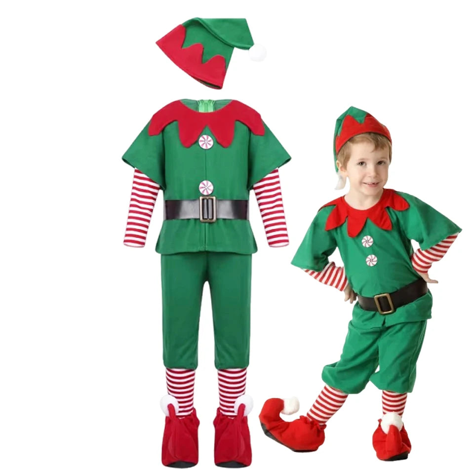 2025 Girl Boy Christmas Elf Costumes Santa Claus Suit Festival Adult Family Halloween Cosplay Sets Green Elves Clothes