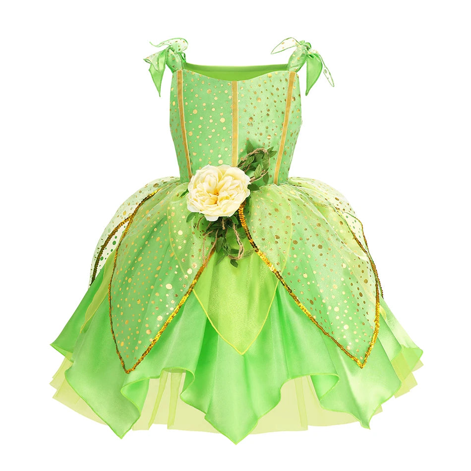 Girls Tinkerbell Fairy Costume – Green Princess Dress Outfit