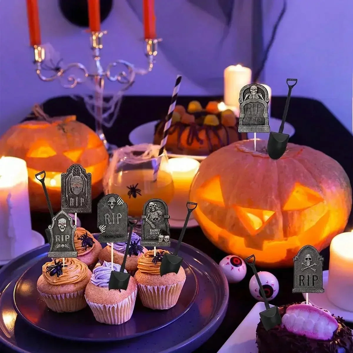 Multi pcs Halloween Cupcake Toppers Cake Decorations Tombstones Graveyard Cupcake Toppers With Novelty Mini Shovel Spoons