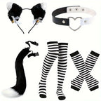 Role playing costume set with black and white stripes, furry tail, gloves and socks, acting props for Halloween